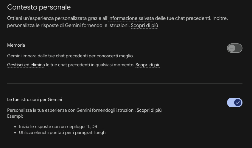 Istruzioni personalizzate Google Gemini