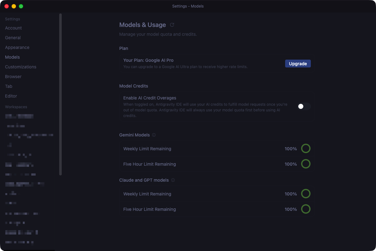 Limiti di utilizzo token Antigravity e AI Pro su Google Gemini