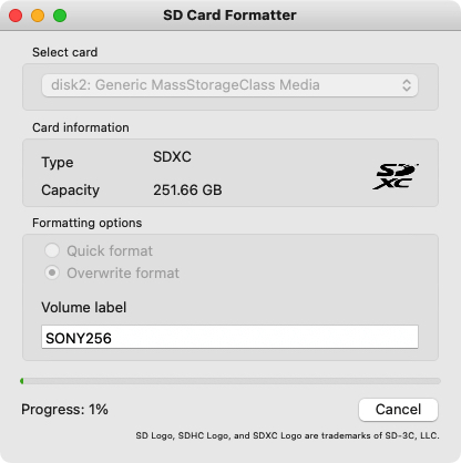 MicroSD SONY 256GB low level format